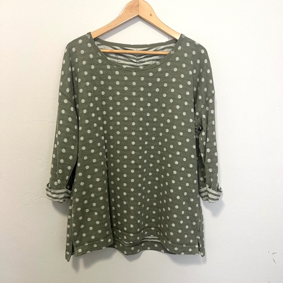 T by Talbots olive green polka dot top, three quarter sleeve with stripe detail - Picture 1 of 9